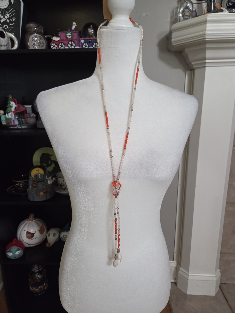 Fashion Jewelry Beige and Coral Beaded Tassle Necklace
